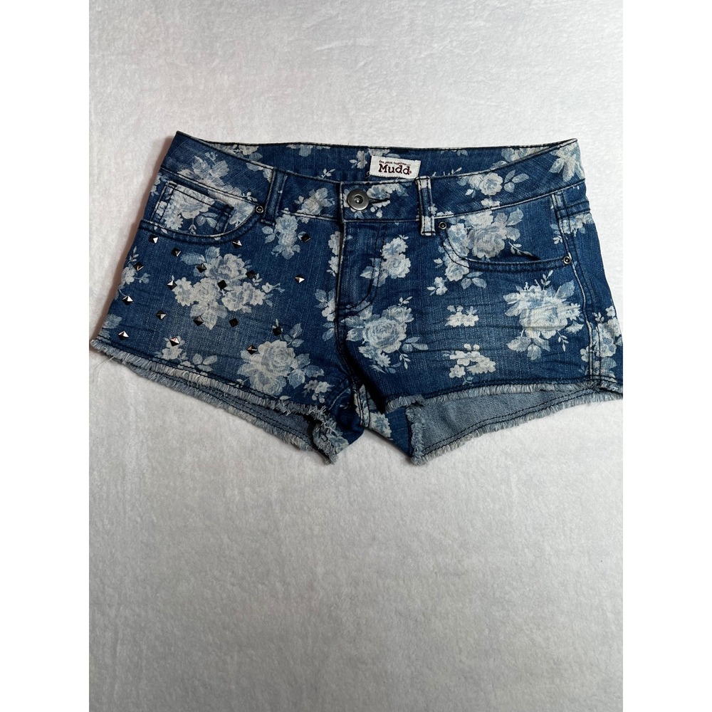 Mudd Womens Floral Denim Shorts Size 3 Blue Studded Frayed Hem Low Rise Boho